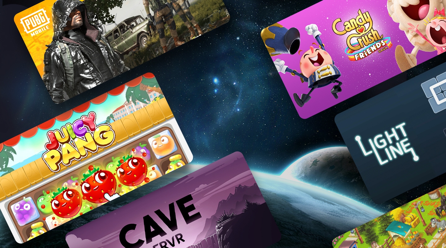 En el fondo, se muestran la Tierra y la Luna en el espacio. En primer plano, se muestran varias miniaturas de los juegos PUBG Mobile, Candy Crush Friends Saga, Light Line, Juicy Pang, Cave FRVR, etc.