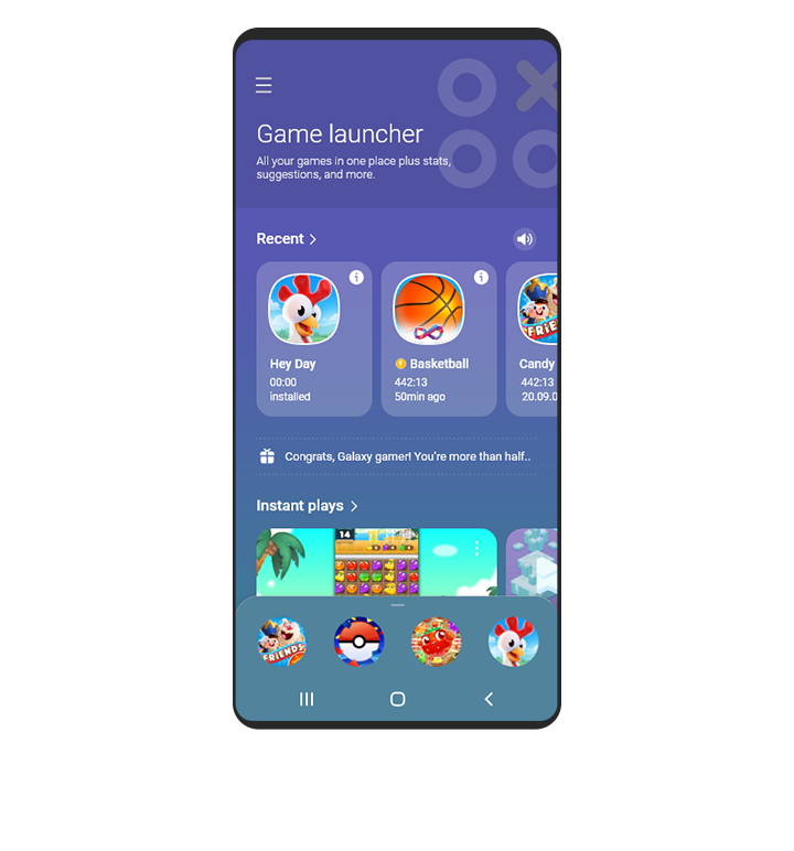 Diversa información en la pantalla de inicio de Game Launcher para mostrar los juegos más recientes, así como otros juegos instantáneos abajo. 