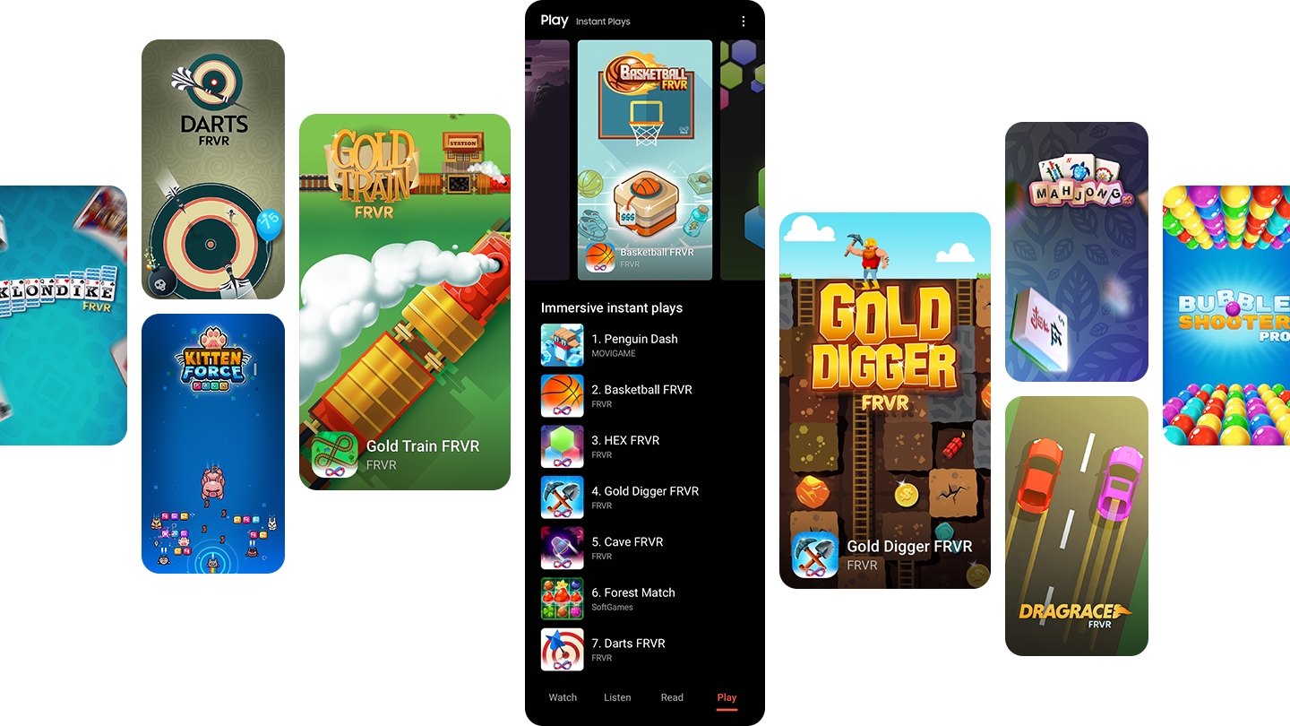 Varias pantallas Galaxy muestran la pantalla de inicio de Play con una lista “Immersive instant plays” (Juegos instantáneos inmersivos) abajo, así como pantallas de ejemplo de varios juegos instantáneos.