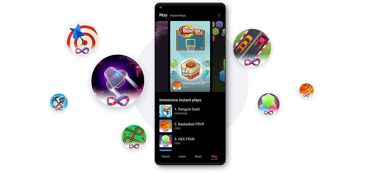 Una pantalla Galaxy muestra la pantalla de inicio de Play, que tiene varias miniaturas de juegos y una lista “Immersive instant plays” (Juegos instantáneos inmersivos) abajo. El Galaxy está rodeado de varios iconos de juegos.