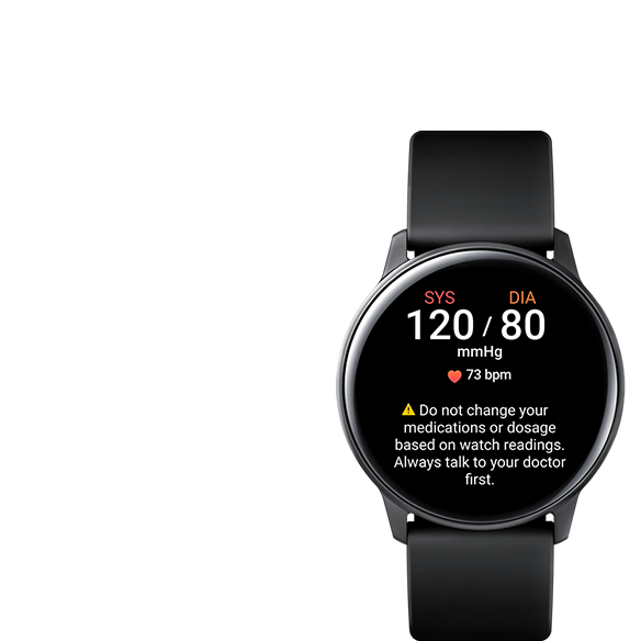 La pantalla de un Galaxy Watch muestra los resultados de mediciones de presión arterial, ritmo cardíaco, y una nota para advertir a los usuarios que no se deben usar las mediciones como diagnóstico.