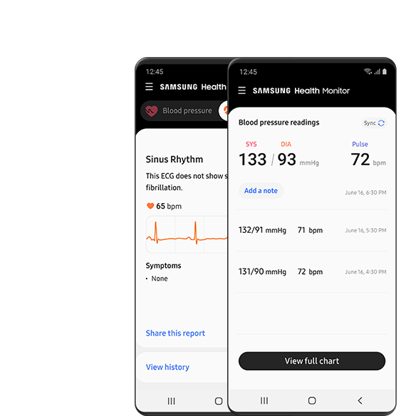 Dos pantallas de teléfonos inteligentes Galaxy superpuestas muestran los resultados visibles en la aplicación Samsung Health Monitor, como el ritmo sinusal, la presión arterial, el ritmo cardíaco y más.