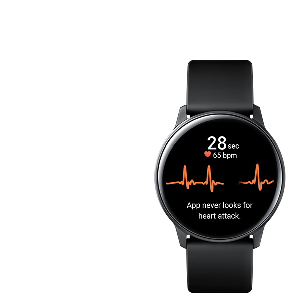 Un Galaxy Watch muestra los resultados de medición de un electrocardiograma (ECG), con la advertencia en la parte inferior que dice “La aplicación nunca identifica un ataque cardíaco”.