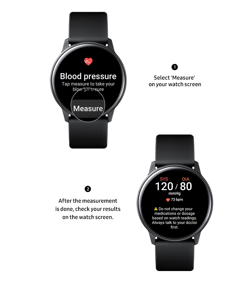 Se muestran dos relojes Galaxy. Un Galaxy Watch muestra la indicación de medición de la presión arterial: “Toca Medir para tomarte la presión arterial”. El botón Medir se muestra ampliado. Junto al texto del reloj, se lee “Selecciona Medir en la pantalla del reloj”. Junto al segundo Galaxy Watch, el texto dice: “Después de que hayas realizado la medición, verifica tus resultados en la pantalla del reloj”. El segundo Galaxy Watch muestra los resultados de la medición con el texto que muestra la calificación sistólica y diastólica de 120 sobre 80 y una medición de la frecuencia cardíaca de 73 lpm. Debajo del resultado de lpm, hay un icono de advertencia con un texto que dice: “No cambies tus medicamentos o las dosis según las lecturas del reloj. Siempre consulta primero a tu médico”.