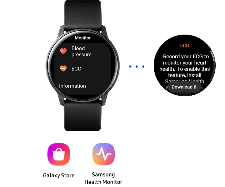 Se muestra un Galaxy Watch con las pestañas Presión arterial, ECG e Información. A la derecha, una pantalla de reloj muestra una descripción de la medición del ECG y sugiere un botón para descargar la función. Debajo del Galaxy Watch, se muestran los iconos de Galaxy Store y de la aplicación Samsung Health Monitor.