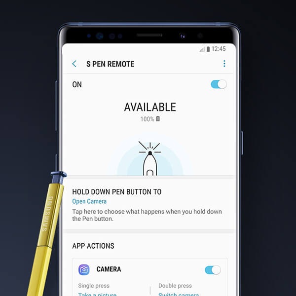 Configuración del S Pen remoto en la pantalla del Galaxy Note9 con un S Pen.