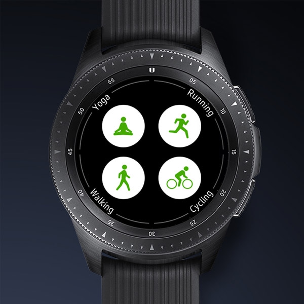 Cuatro iconos circulares de entrenamiento en el Galaxy Watch.
