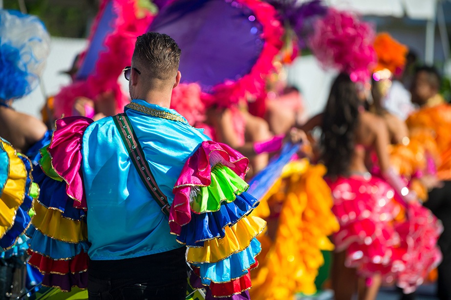Un grupo de personas disfrazadas desfilando y festejando el Carnaval.