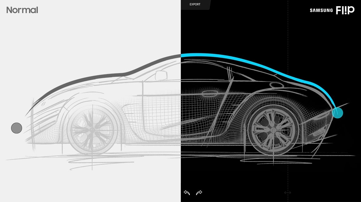 Una imagen que muestra el dibujo de un automóvil e ilustra el retraso de entrada diferente al dibujar con un bolígrafo normal y con un rotulador Samsung Flip, en cada lado.