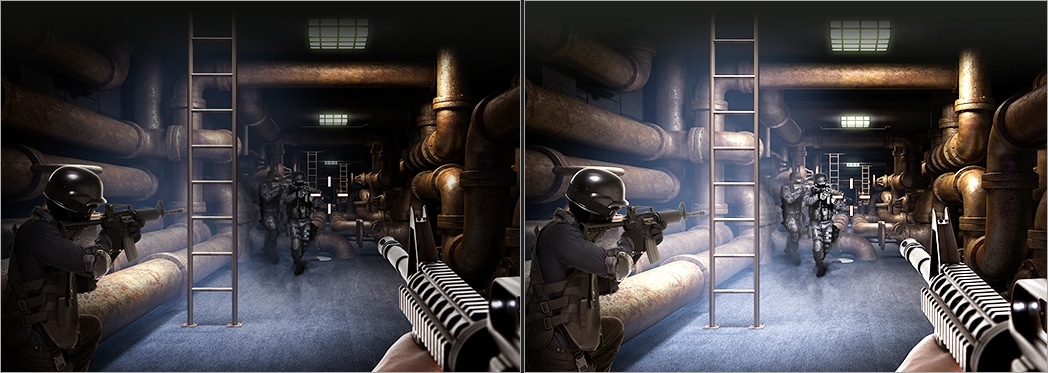 The images captured by the FPS game are compared between the normal mode and the screen mode.
