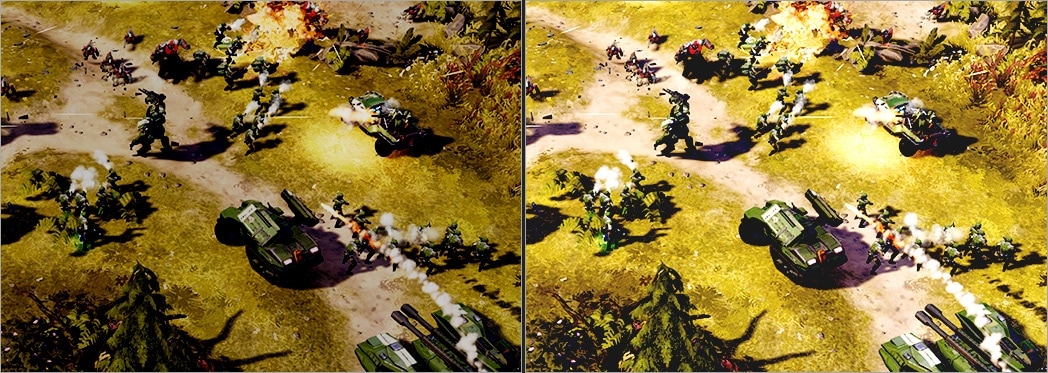 The images captured by the RTS game are compared between the normal mode and the screen mode.