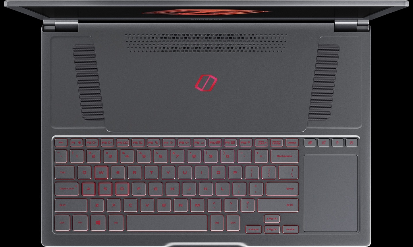 An image showing the left half of an Odyssey Z device, featuring one of its  cooling fans, above the keyboard.  
