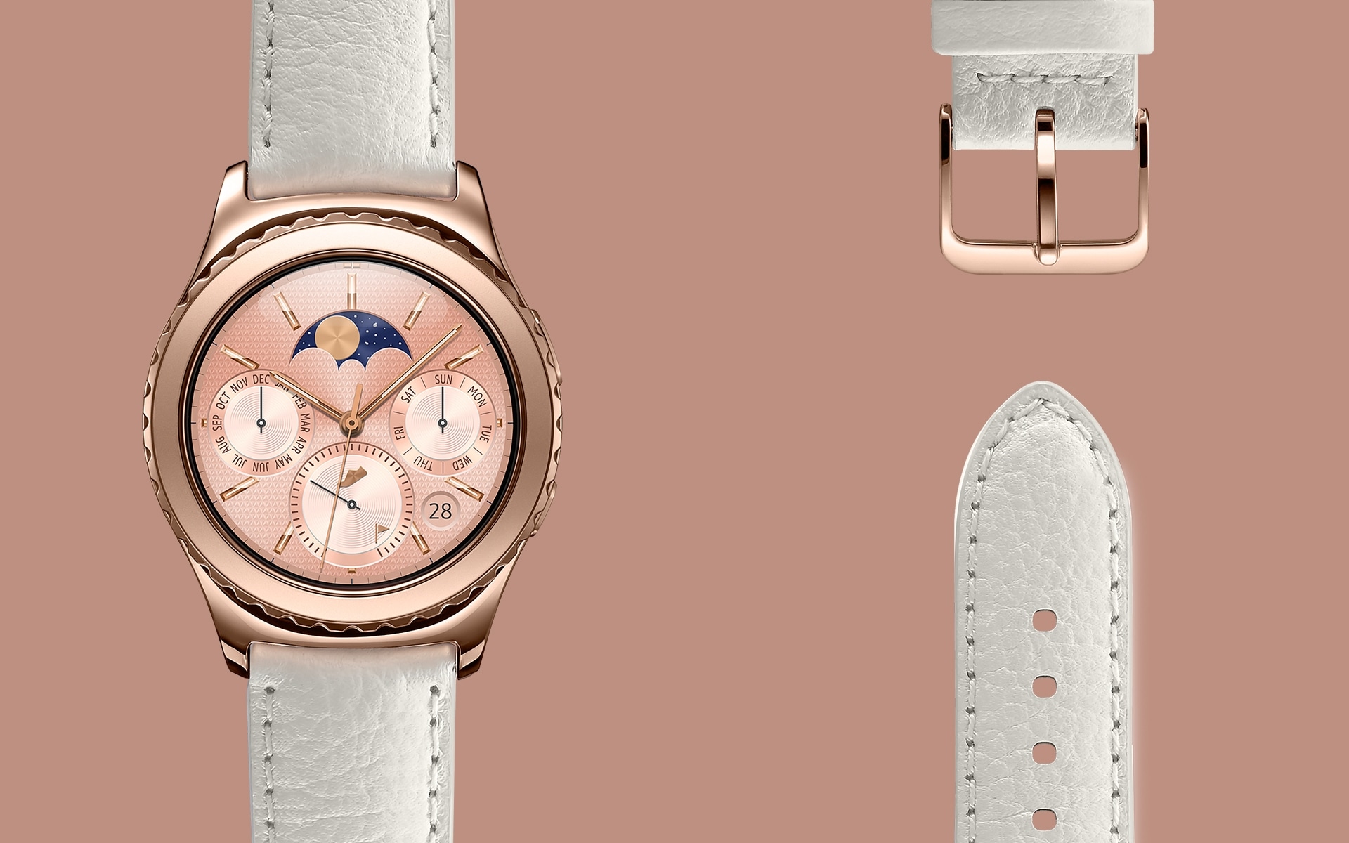 An image showing the Gear S2 classic, half of which is shown in rose gold and half of which is shown in platinum plated colour.