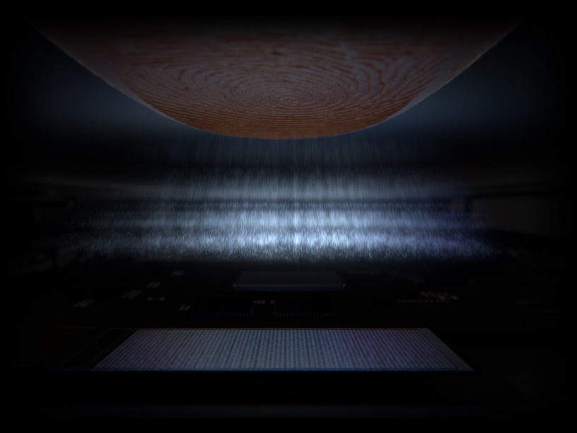 Un dedo que toca la pantalla Infinity-O Display con pulsos púrpuras emitidos por el lector de huellas dactilares ultrasónico