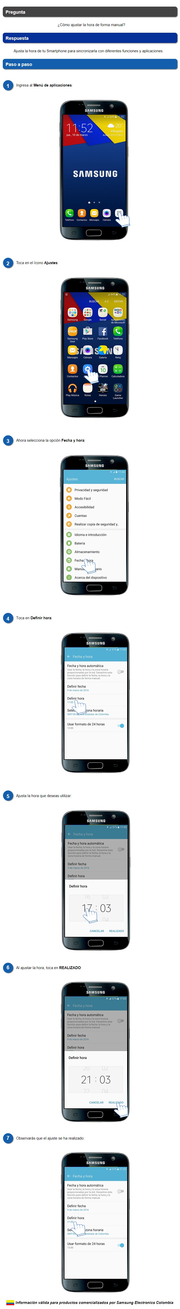 Galaxy S7 - ¿Cómo ajustar la hora de forma manual? | Samsung Soporte CO