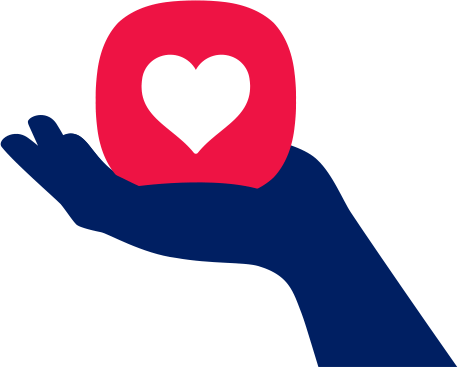 Ikona péče se symbolem srdce usazená na otevřené dlani siluety ruky.