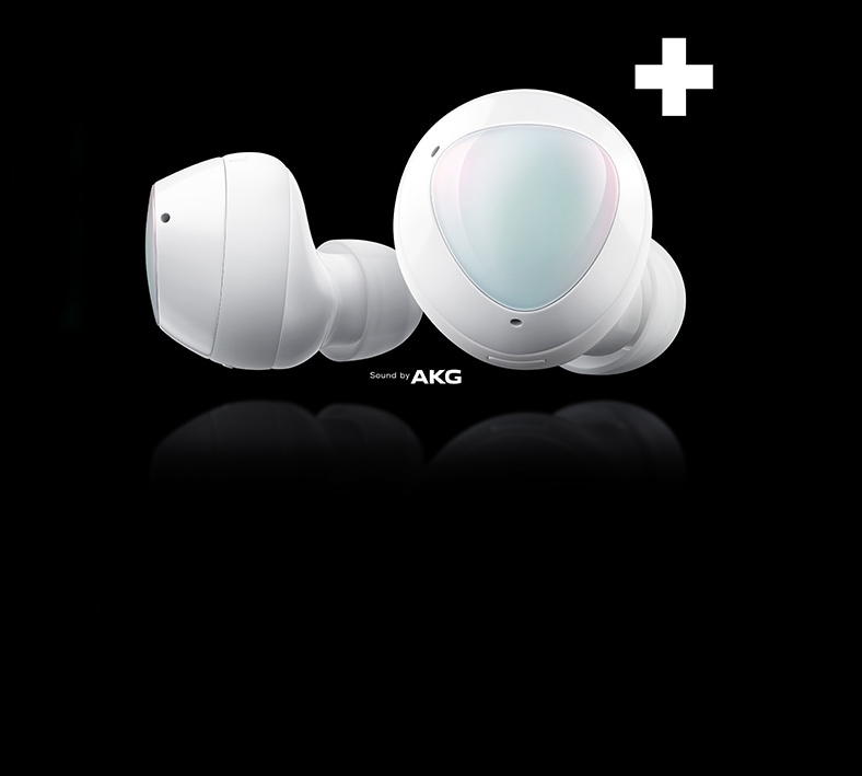 Enlarged pair of black Galaxy earbuds with a profile view of a left earbud next to an outer surface view of the right earbud. A large plus sign on the upper right corner and a sound by AKG logo is on the bottom.