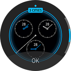 An image showing the Gear 2 with a world clock watch face.
