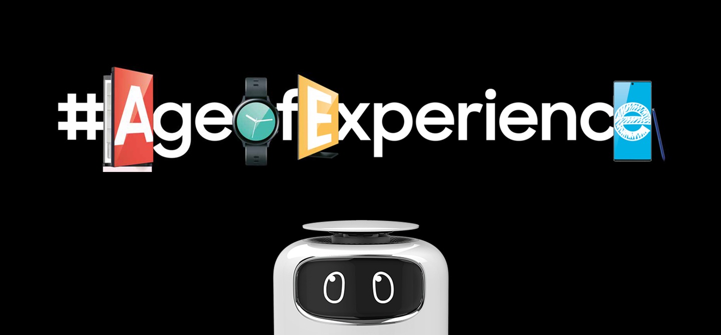 هاتف ذكي وساعة ذكية معروضان بجوار وسم Age of Experience (عصر التجارب)، مع ظهور وجه روبوت بالأسفل.