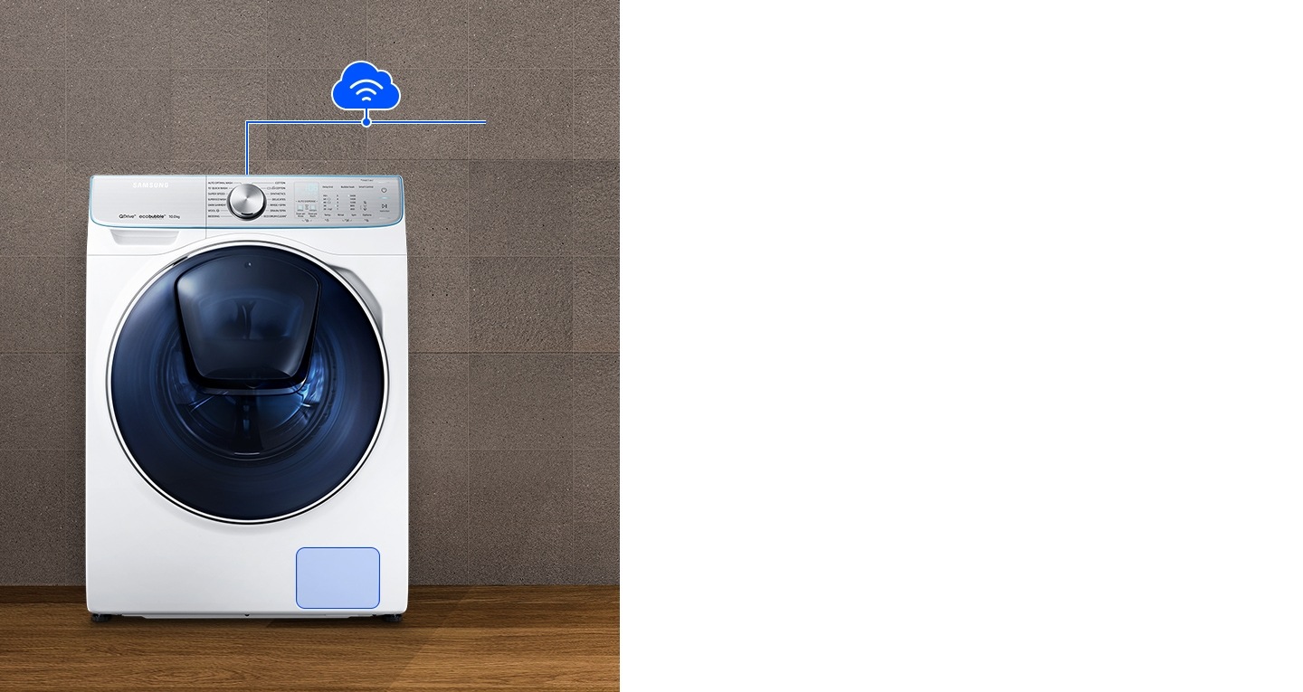 An image showing a smartphone, running the Samsung Connect app. In the background, a QuickDrive device is shown, with a Cloud icon, indicating that the machine and smartphone are synced via the Cloud. 