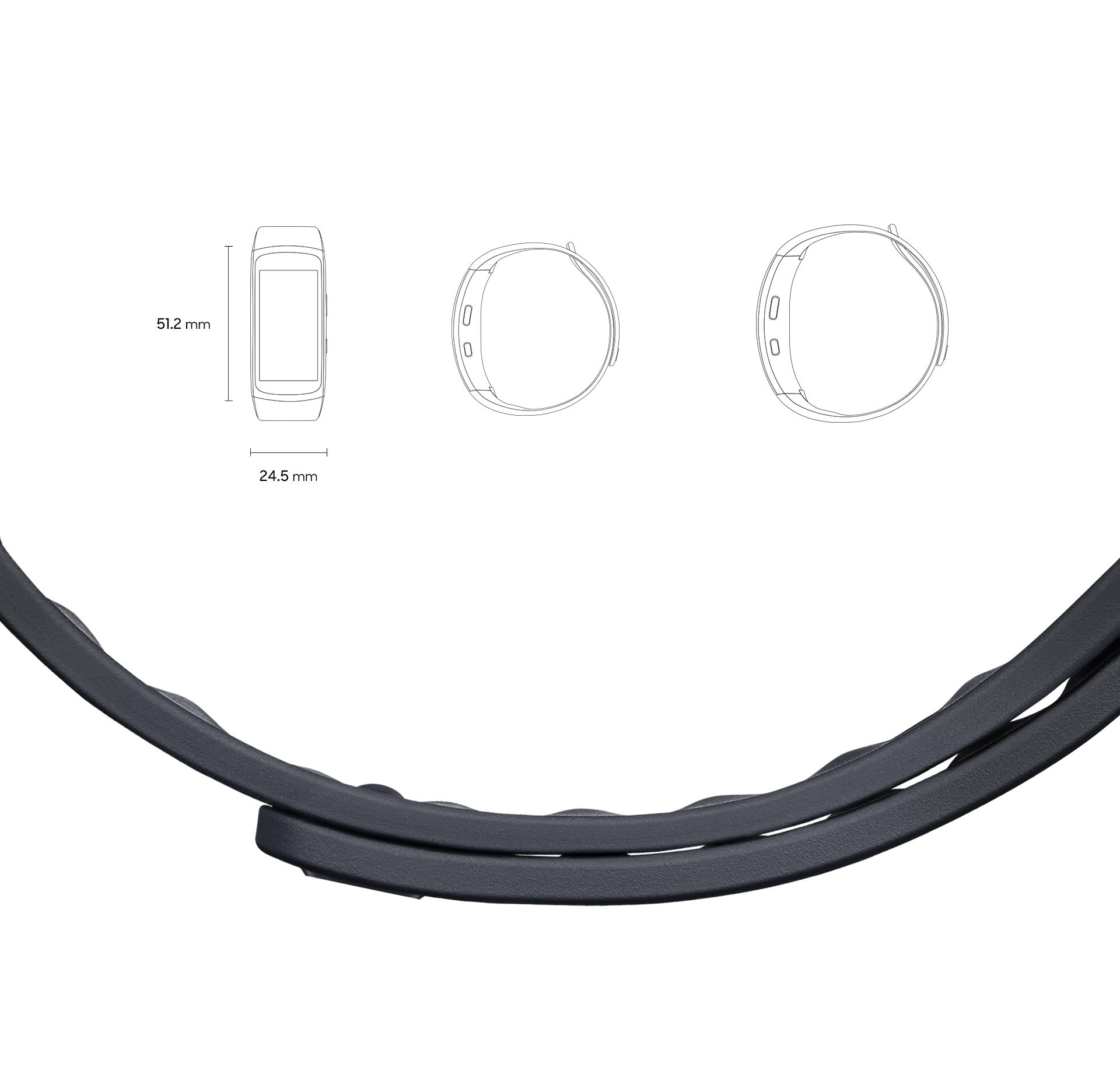 Gear Fit 2 mesurant 51,2 mm par 24,5 mm vu de face et de côté, en petite et grande taille, avec un gros plan sur le bracelet