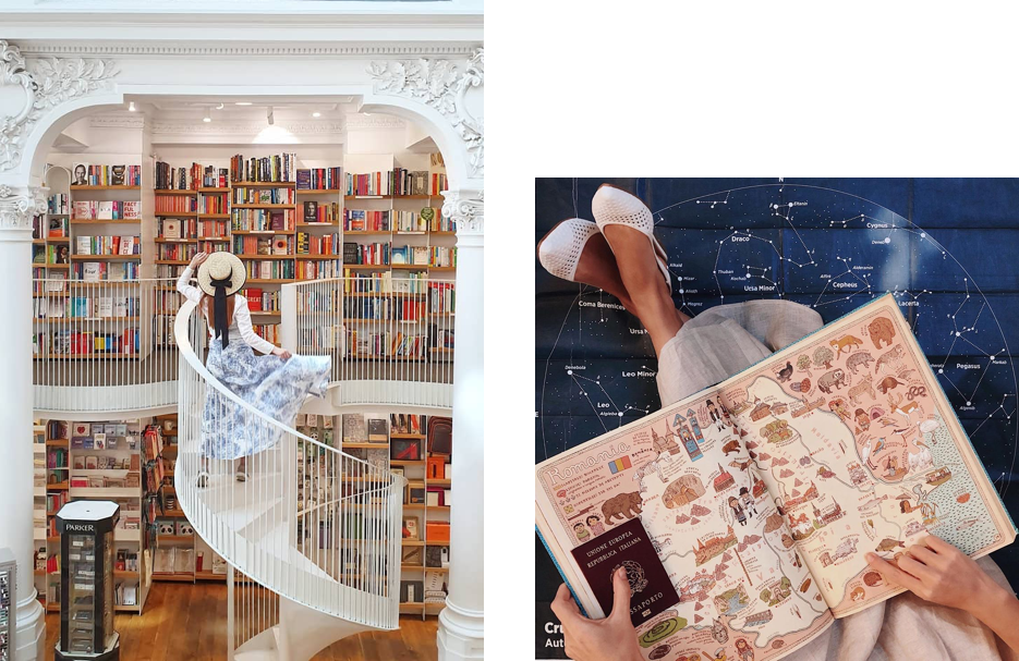 Ein Mädchen steht auf einer Wendeltreppe in einer Buchhandlung. Das Bild wurde mit dem Galaxy S10+ Performance Edition aufgenommen und präsentiert die Maps-App und das Crystal Clear Infinity Display. 