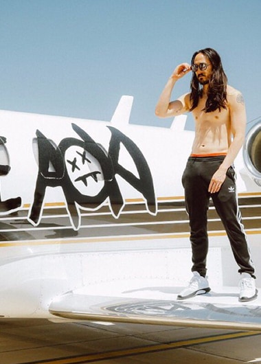 A full-frontal photo of Steve Aoki standing topless on top of the wing of his white private jet as he puts on his aviator sunglasses