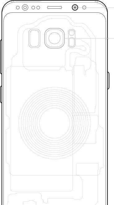 Immagine che mostra un Galaxy S8 e i suoi componenti interni, oltre che alle fotocamere anteriore e posteriore