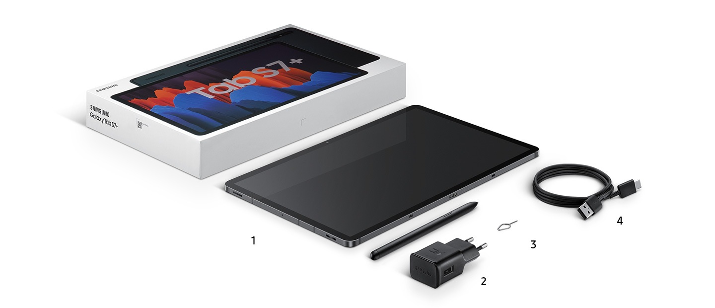 La Galaxy Tab S7 se muestra con su contenido - una caja, un Galaxy Tab S7, un pen, un cargador, una anilla extractora de SIM, y un cable de datos.