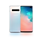 Two Galaxy S10 plus phones in Prism White, one seen from the rear and one seen from the front. The phone seen from the front has an abstract coral and blue gradient graphic onscreen.