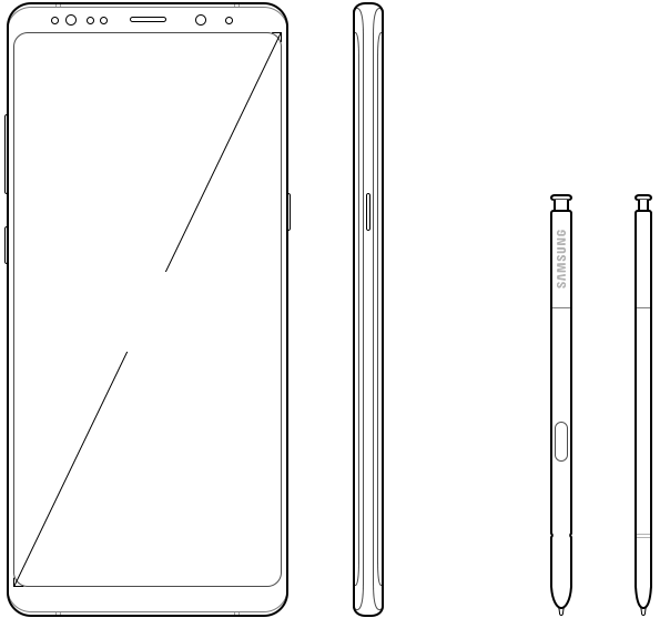 Imágenes ilustrativas de la vista delantera y lateral del Galaxy Note8 y el S Pen