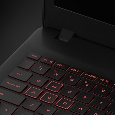 A magnified thumbnail image of part of a black Samsung Notebook Odyssey device’s backlit keyboard