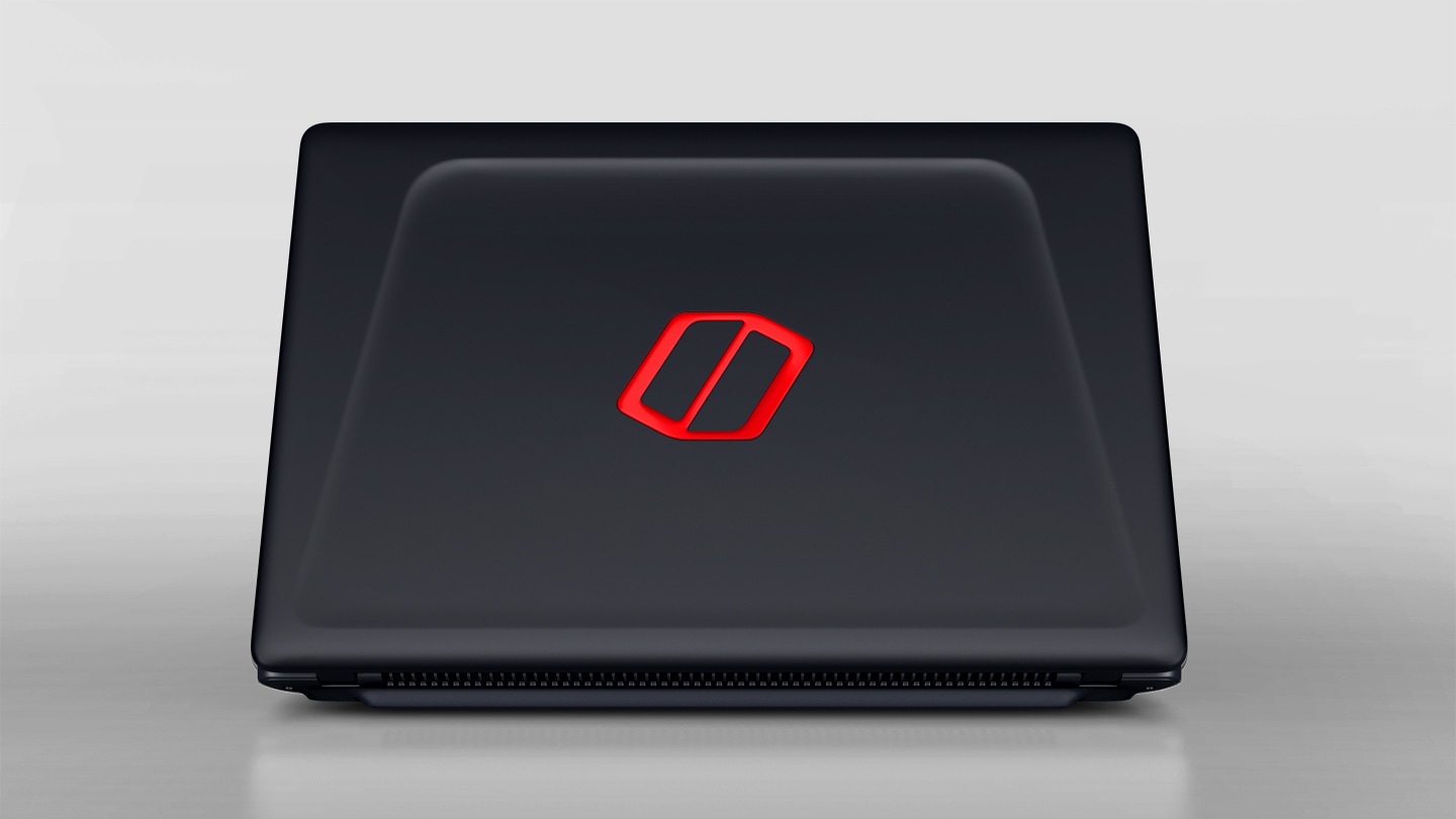 An image showing the logo on the Samsung Notebook Odyssey's top illuminates with red light.