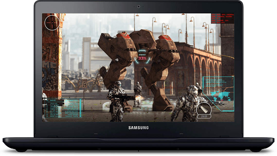 An image showing 3D gameplay on a black Samsung Notebook Odyssey device with game information