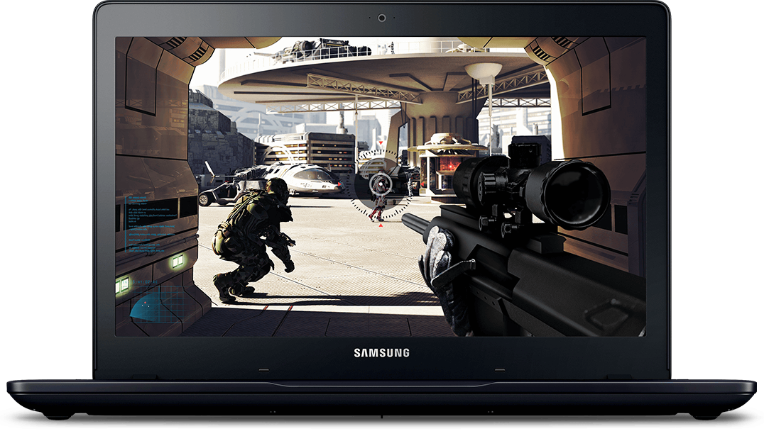 An image showing fps gameplay on a black Samsung Notebook Odyssey device's screen 