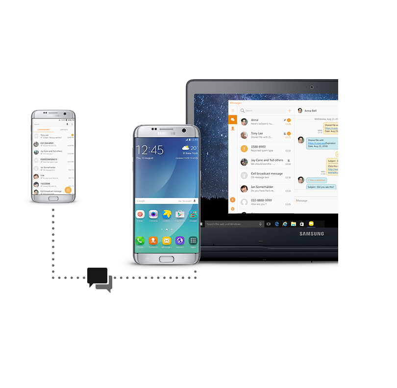 An image showing a smartphone and a Samsung Notebook Odyssey(15.6") device synced wirelessly, with the same thumbnail images on both devices’ screens shared between the devices