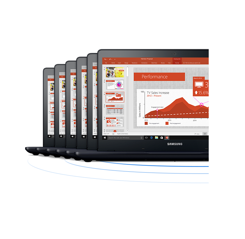 An image showing the same Excel file open on six silver Samsung Notebook Odyssey(15.6") devices’ screens