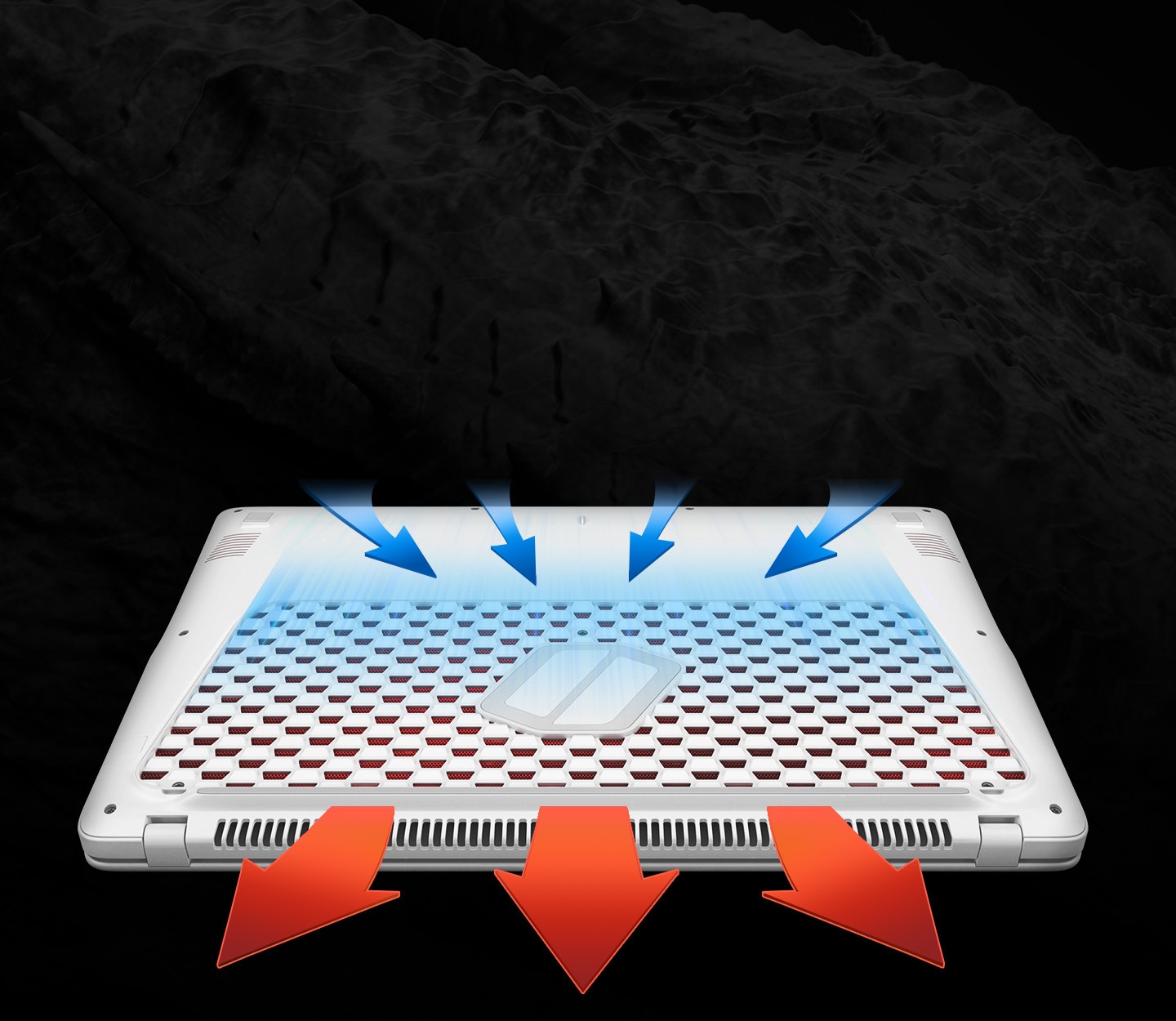 An image of a Samsung Notebook Odyssey device’s bottom facing upwards, showing how it absorbs cool air and emits hot air, using arrows and graphics to illustrate the process.
