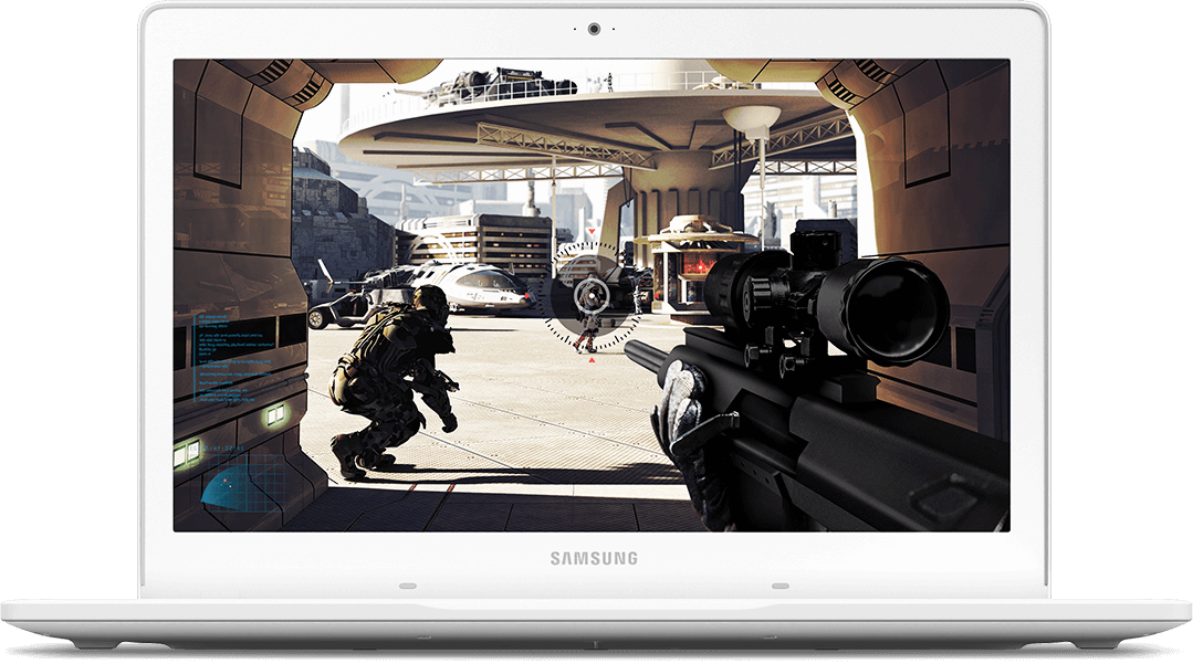 An image showing fps gameplay on a black Samsung Notebook Odyssey device's screen 