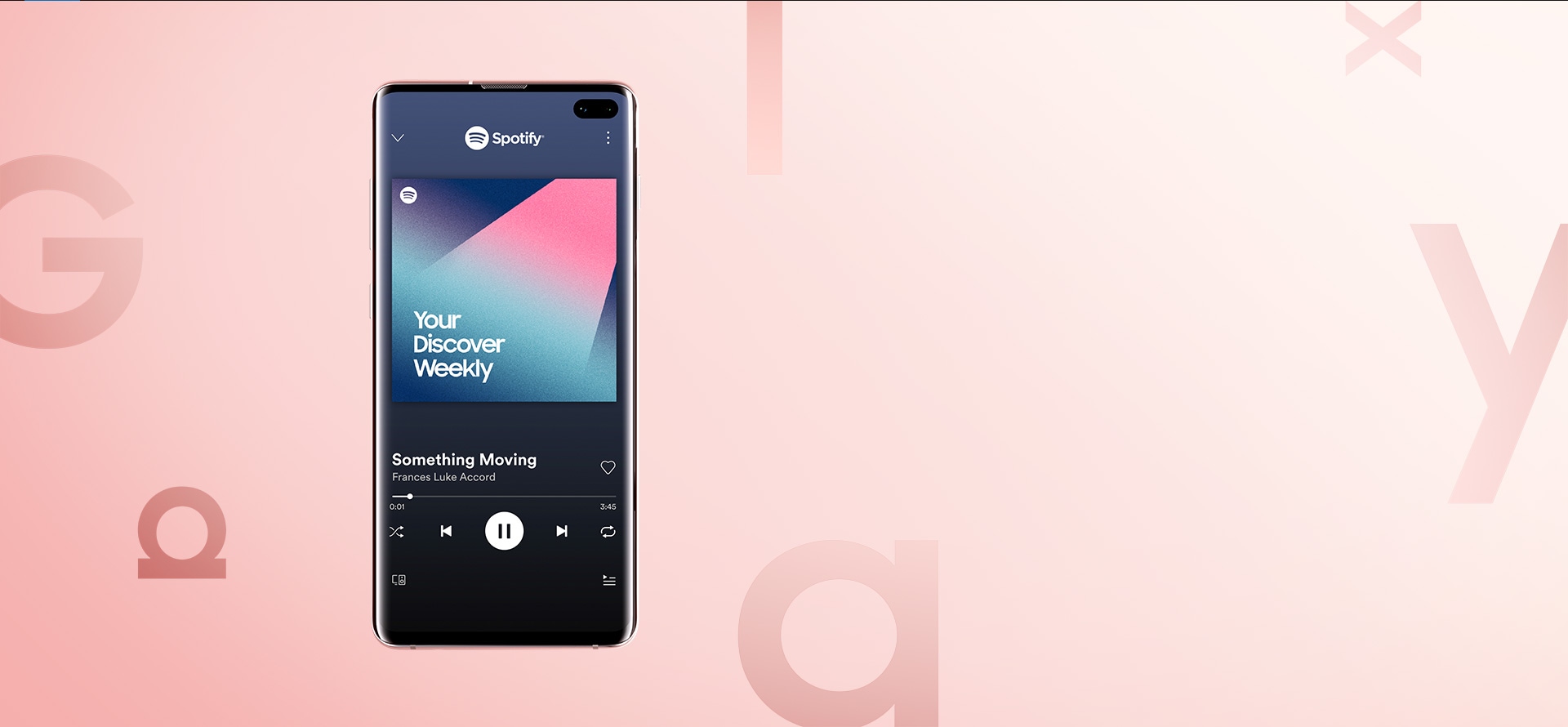 ä¸æGalaxy S10+ãä¸æGalaxy Watch ActiveåGalaxy Budsï¼å¨é¨é½èåæª¯é¢å°æ¾ç½®èãGalaxy S10+çå±å¹ä¸é¡¯ç¤ºèSpotifyçé¢ï¼æ­æ¾ãYour Discover Weeklyãåè¡¨ä¸­çæ­æ²ãGalaxy Watch Activeçå±å¹ä¸é¡¯ç¤ºèSpotifyæé¶å°ç¨æç¨ç¨å¼çé¢ï¼äº¦é¡¯ç¤ºèç¸åçæ­æ²ãèæéçGalaxy Budsä¿è­·çï¼å¯çè¦å§è£¡æ¾ç½®èBudsåæ­£å¨åé»ã èæ¯æ¯ä¸çµæ½è±¡çæå­åå½¢ï¼ä¸é¢å¯«èGalaxyã