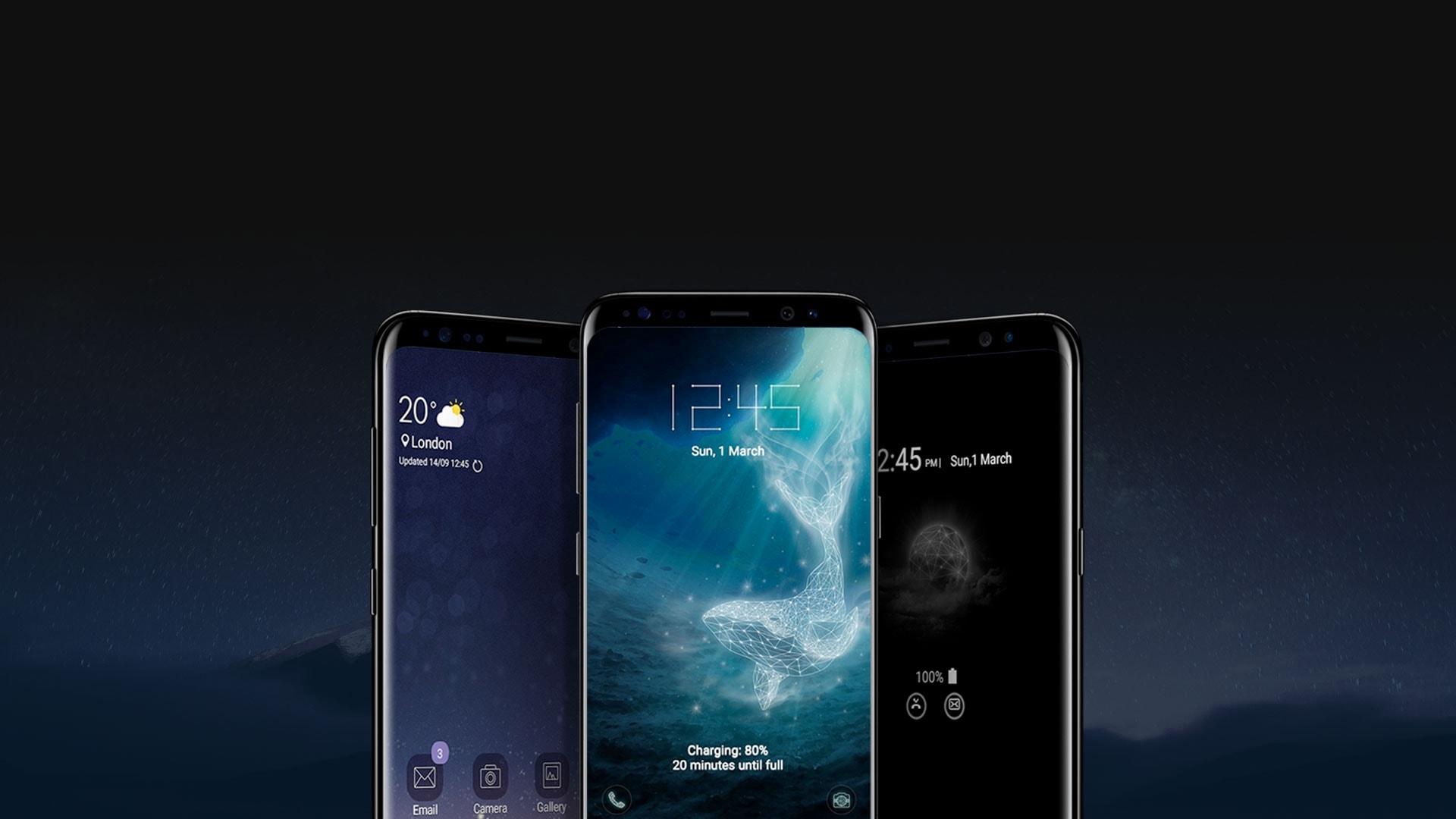 Samsung Themes Apps A front view of three Galaxy S8 Midnight Black devices with different Samsung Themes on their