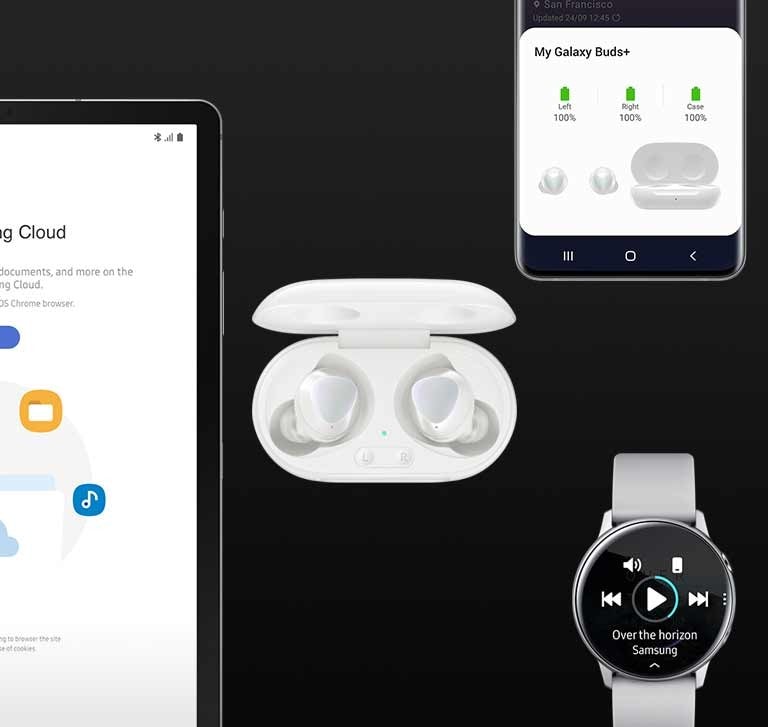 White Galaxy Buds plus are surrounded by Galaxy devices. A tablet with the Samsung Cloud app open is on the left of the earbuds. A phone with the My Galaxy Buds plus pairing screen is on the upper right. A watch playing music is on the bottom right. 