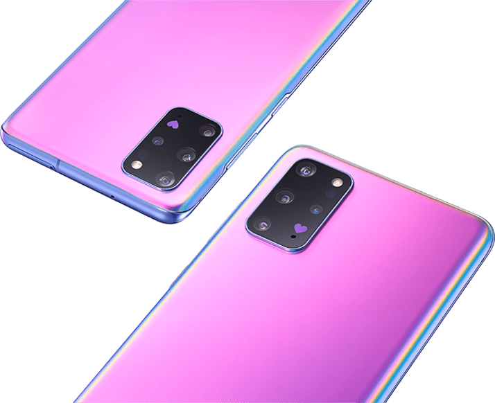 The upper halves of two Galaxy S20 plus BTS Edition phones, both seen from the rear, facing opposite directions and showing the B. Purple color and purple heart on the rear camera.