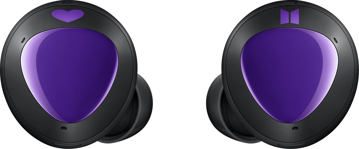 Galaxy Buds plus BTS Edition earbuds, showing the purple accent.