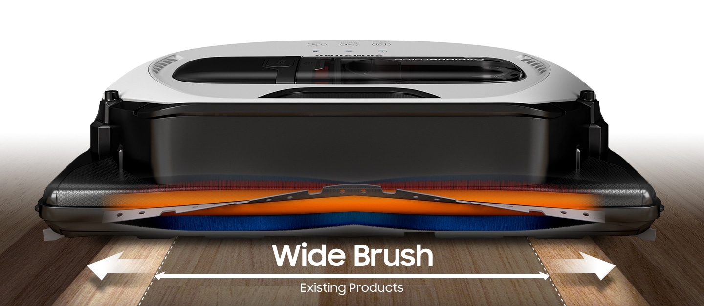 An image showing a POWERbot VR7010 device’s wide brush in its body, compared with that of existing products, showing that the POWERbot VR7010 has a much wider brush than other comparable products.