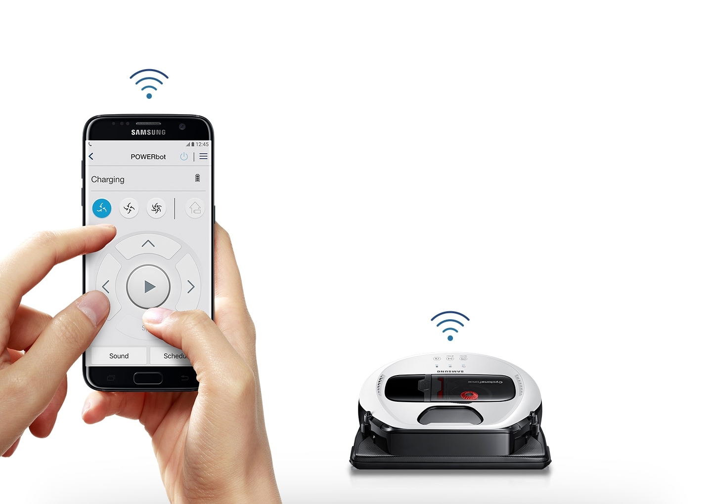 An image showing a user controlling a POWERbot VR7010 device using a smartphone connected via Wi-Fi.