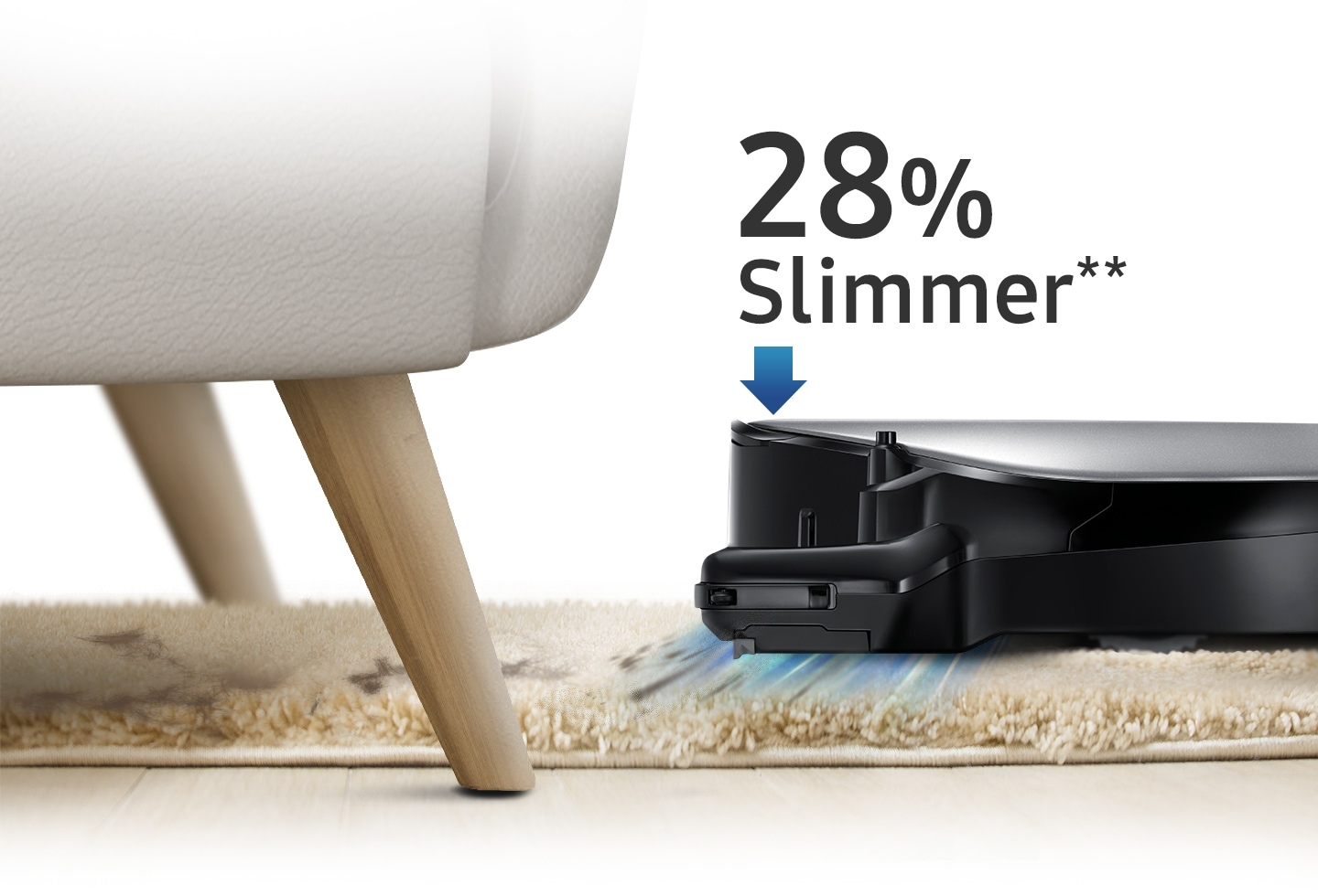 An image showing a POWERbot VR7000 device vacuuming a carpet and cleaning under a sofa, as well as an arrow icon and text that reads '28% slimmer.'