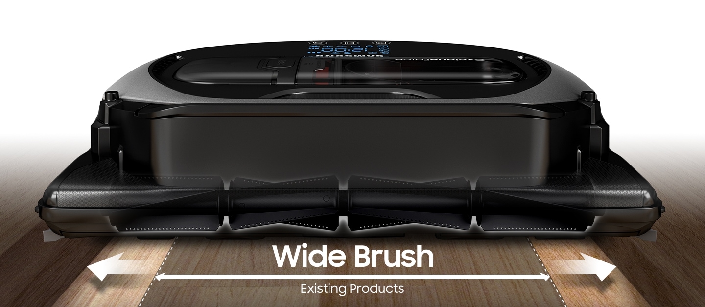 An image showing a POWERbot VR7000 device’s wide brush in its body, compared with that of existing products, showing that the POWERbot VR7000 has a much wider brush than other comparable products.
