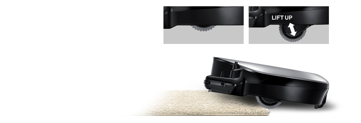 An image of a POWERbot VR7000 device lifting up a carpet using its Easy Pass™ feature. Above it, two magnified images of its wheels are visible, with one in regular mode and the other in lift-up mode.