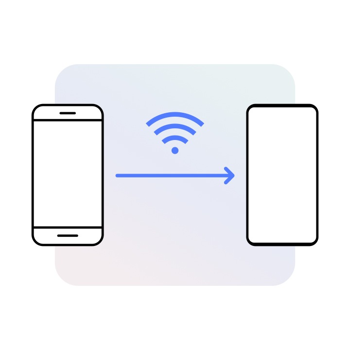 Dua ikon perangkat ditampilkan berdampingan dengan panah di antara keduanya bergerak dari kiri ke kanan. Di atas panah terdapat simbol WiFi. Galaxy kiri terlihat seperti model yang lebih lama dan kanan tampak seperti model yang lebih baru. 